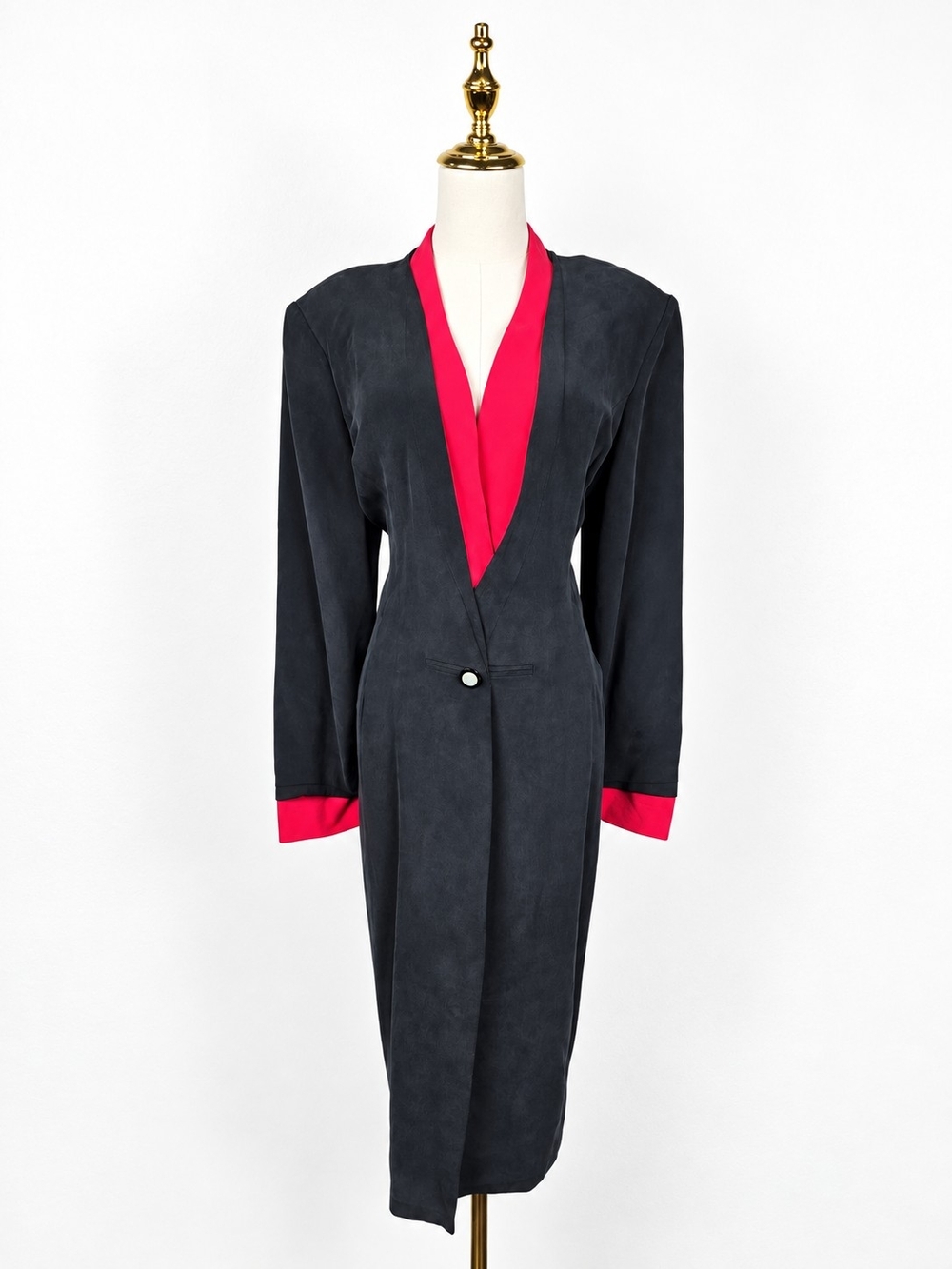 Vintage 1980s Corporate Goth Silk Tuxedo Blazer Dress Black Red Midi Large